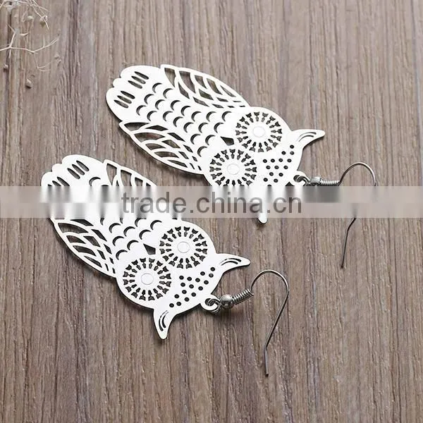 New Fashion Copper Filigree Stamping Earrings Ear Wire Hooks Halloween Owl Silver Tone Hollow 61mm x 26mm photo-3