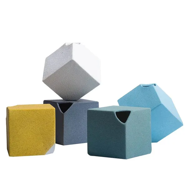 Modern Abstract Jingdezhen Cube Frosted Yellow Blue Green White Ceramic Vase Decoration photo-5