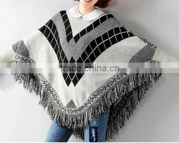 Women Batwing Sleeve Tassels Cape Tops Knitting Sweater Coat Outwear Poncho photo-3