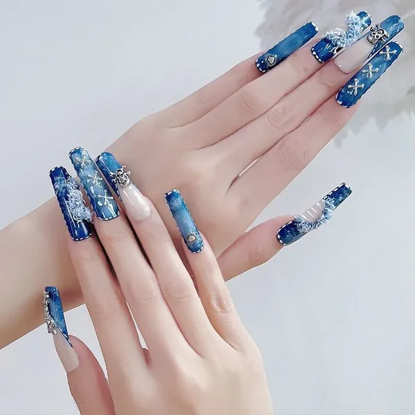 European and American Ins Sweet and Cool Babes Gothic Metal Hand-painted Mirror Lines Hand-made Nails Press on Nails SUJB Wholesale