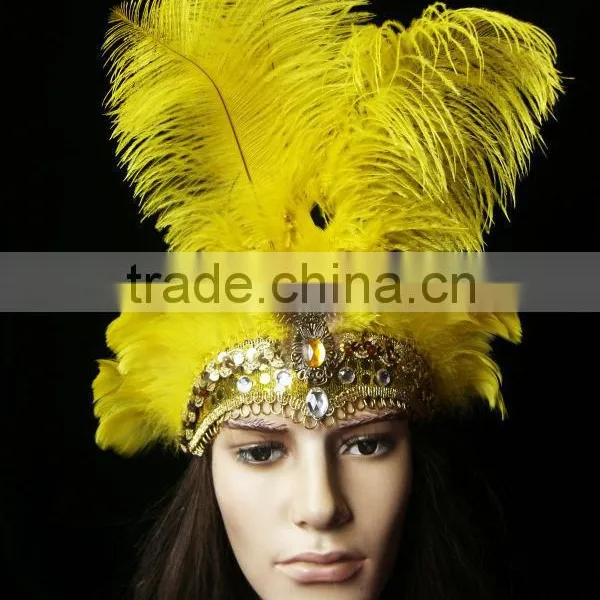 Carnival Headdress Hand Painted(Yellow Color) Lady Headdress With Long Feather photo-3