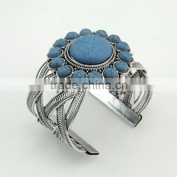Latest Fancy Cross Design Jewelry Anti Silver Thread Turquoise Cuff Bangles photo-3