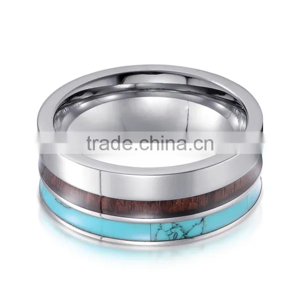 New Wedding Ring Yibi Blue Emerald Stone Wooden Inlay Latest Gold Finger Ring Designs Mens Tungsten Carbide Pary Jewelry Bands photo-3