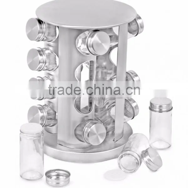 12 Jars Glass Condiment Kitchen Set Stainless Steel Revolving Spice Rack Set photo-4