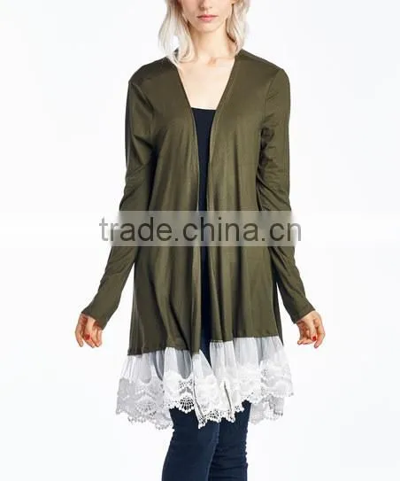 Women Nylon Spandex Stretch Blend Olive Lace Trim Open Cardigan 2017 New Arrival photo-2