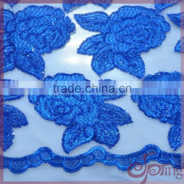 2016 Blue Lace Guipure Glitter Fabric for Evening Fancy Dress With Organza Lace With Sequins photo-2