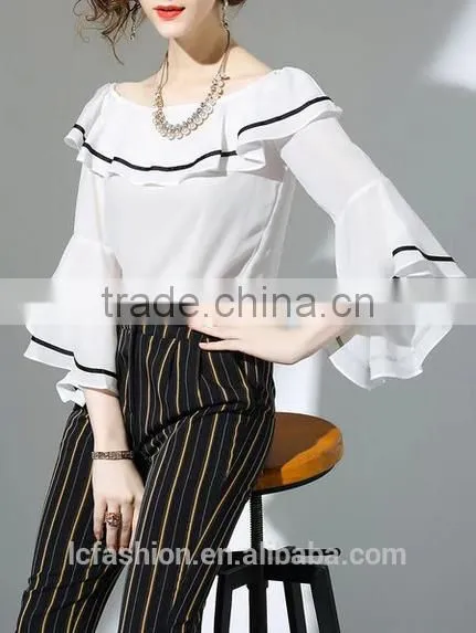2017 Wholesale Summer Women Big Round Neck Ruffle Sleeve Fashion Chiffon Blouse photo-2