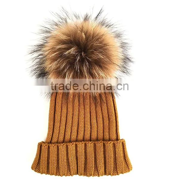 Myfur Detachable Natural Raccoon Fur Pompom Knit Hat Wholesale Winter Cap photo-2