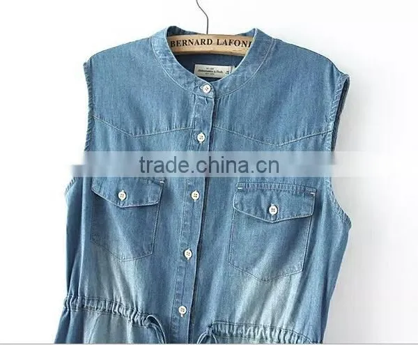 EY0492A 2015 New Desgin Women Pure Color Sleeveless Collar Cowboy Dress photo-3