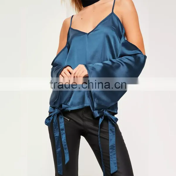 Stylish Sweet Girl Blouses Cold Shoulder Long Sleeve Satin Tops photo-6