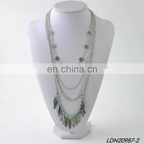 Bohemian Layered Turquoise and Leaves Pendant Necklace Fashion Gold Necklce and Silver Necklaces photo-4