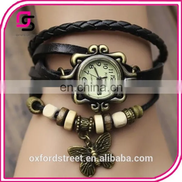 Ms Retro Hand-woven Imitation Leather Bracelet Watch Fashion and Colorful Butterfly Pendant Quartz Watch