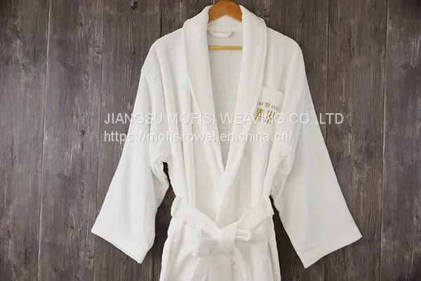 Shawl Collar Bathrobe 100% Cotton White Robe With Embroidery photo-3