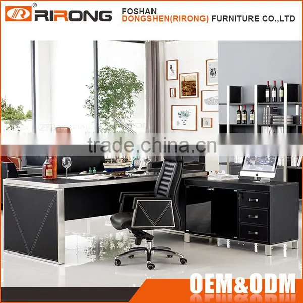 Modern Large Glass Top Black Leather Facing Manager Executive Office Desk photo-2