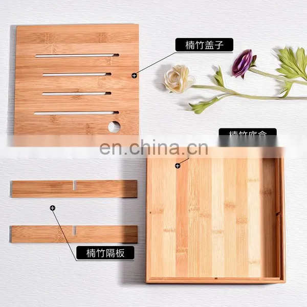 Elegant Design Square Bamboo Snack Serving Tray 4 Compartments Dried Fruit Storage Box With Bamboo Lid Pantry Organizer photo-4