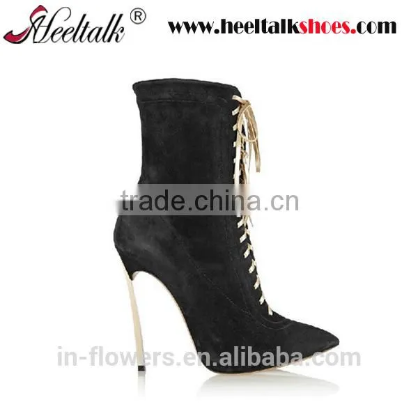 OEM ODM Quality High Heel Pointed Toe Lace up Winter Suede Ankle Boots photo-2