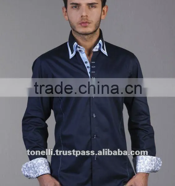Mens Navy Blue Triple Collar Dress Shirt