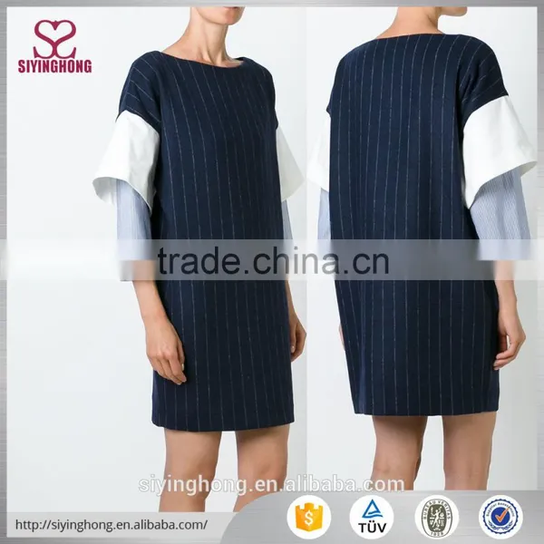 Navy Blue Cotton and Viegin Wool Blend Strip Dress Casual Playsuit Layered Sleeve Women Dress Supplier's Choice