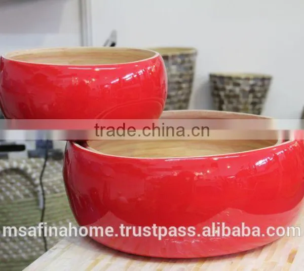 Set of 3 Round Colored Lacquer Bamboo Salad Bowls photo-2