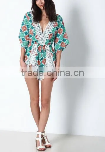Summer Deep V-neck Back With One Button Fruity Green Crochet Plunge Crepe Romper Short Print Sexy Jumpsuit photo-6
