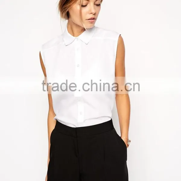 2015 New Fashionable Factory Sleeveless White Shirt With Classic Point Collar photo-2