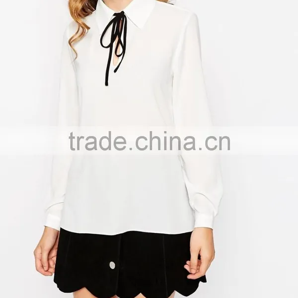 China Factory OEM ODM 2015 New Fashion Customized Point Collar Keyhole Blouse With Contrast Tie photo-3