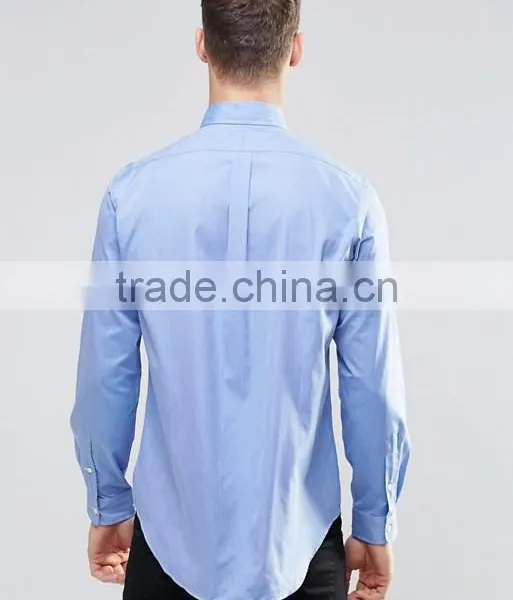 Guangzhou High Quality Custom Long Sleeve Spread Collar Mens 100% Cotton Poplin Casual Slim Fit Blue Solid Shirts photo-2