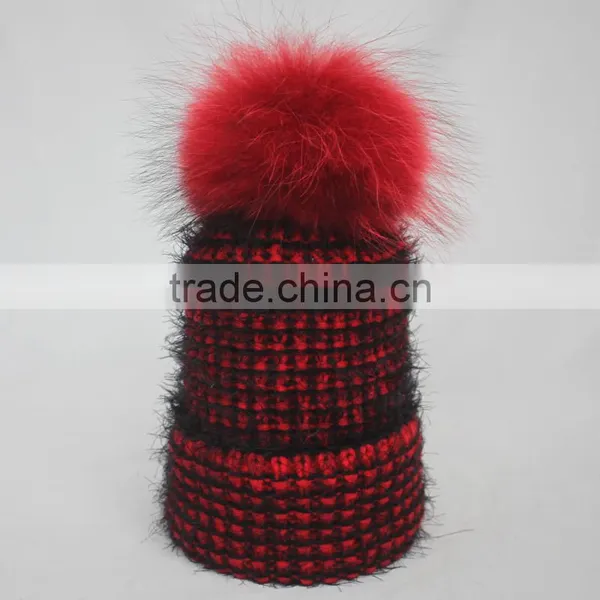 Myfur Red And Black Customized Adult Wool Beanie Hat With Real Fur Bobble photo-3