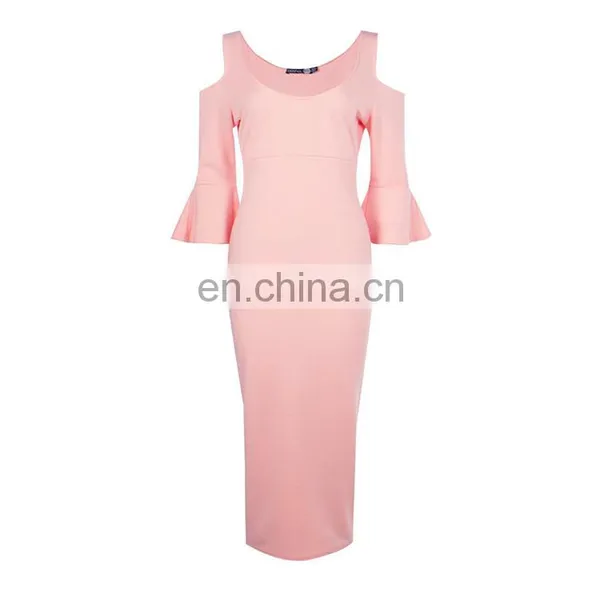 New Fashion Custom Plain Pink Bell Sleeve Cold Shoulder Sexy Women Dress photo-4