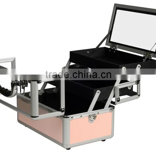 Aluminum Makeup Train Case Clear Acrylic Top, Travel Cosmetic Box W/2 Trays, Mirror and Shoulder Strap,Pink Beauty Cosmetic Case photo-3