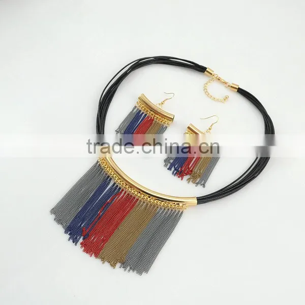 Fashion Leather Choker Necklace Witn Metal Tassel Earrings Costume Jewelry Set Supplier's Choice photo-4