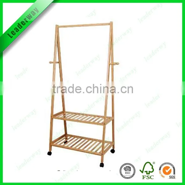 Living Room Morden Vertical Bamboo Vertical Clothes Rack With Shelf