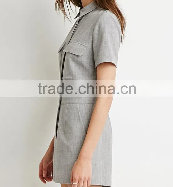 Women's Short Sleeve Double Pocket Tie Solid Grey Casual Jumpsuits photo-2