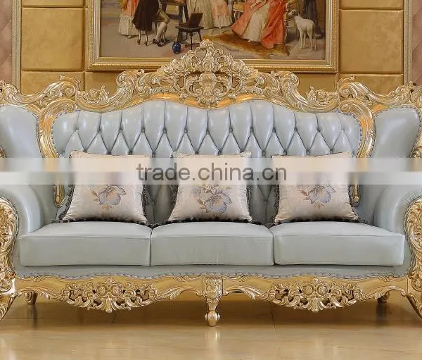 Luxury Living Furniture Wood Carving Goldfoil Light Blue Genuine Leather Sofa Set photo-4