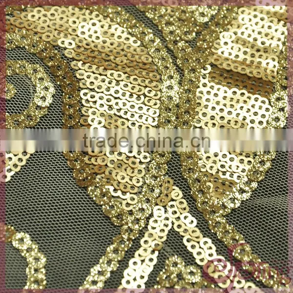 Gold Metallic Embroidery Mesh Fabric, Elegany Floral Embroidered Sequin Fabric photo-3