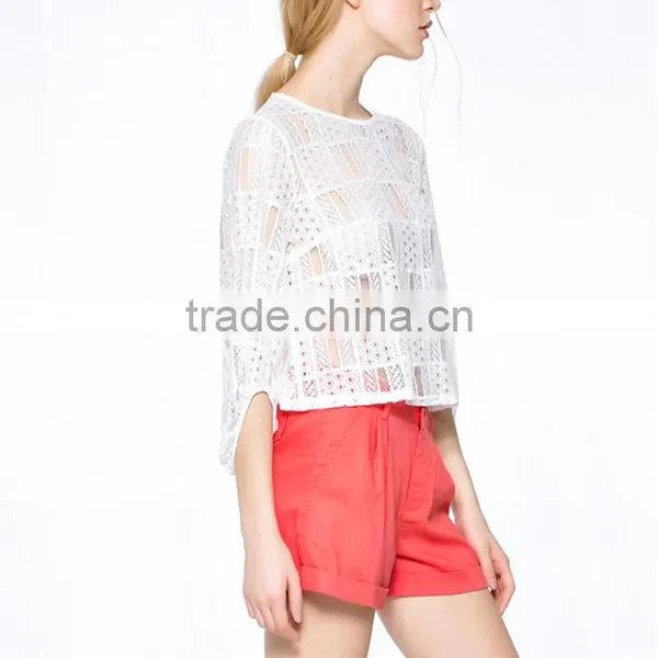Fashion Latest Trendy High Fashion Crochet Fabric Women Transparent Blouse With Half Sleeve photo-3