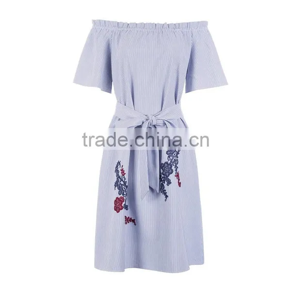 Maxnegio off Shoulder Striped Dress With Embroidery for Girls photo-5
