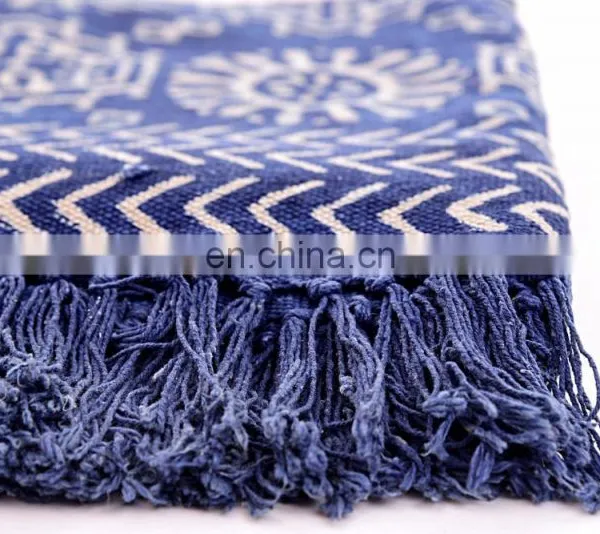 4 X 6 Ft Blue Cotton Block Print Accent Area Dhurrie Rug Hand Woven Flat Weave photo-2
