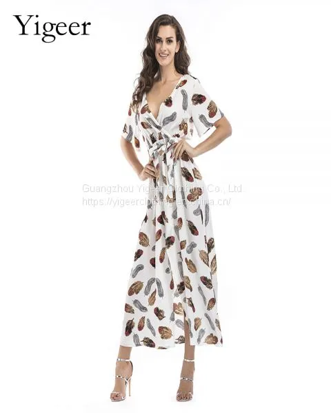 Half Sleeve Leaf Printed Front Open Waist Tied Women Dress photo-2