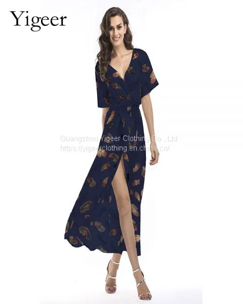 Half Sleeve Leaf Printed Front Open Waist Tied Women Dress photo-3