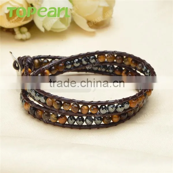 Topearl Jewelry Tiger Eye Hematite Fashion Bracelet Woven Leather Wrap Bangle 13.5 Inches CLL128 photo-3