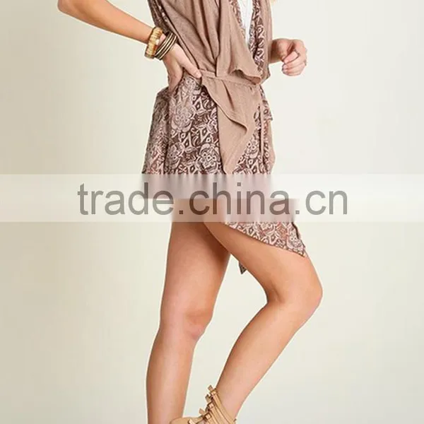 Women Lace Trim Printed Vest With Tie For Layered Outer Wear photo-4