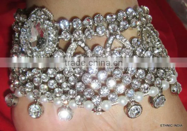 Bridal Silver Crystal Broad Payal ANKLETS Pair Feet Bracelet photo-5