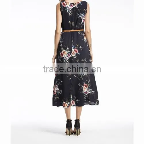 Polyester One-piece Dress Big Pendulum Type & Different Size for Choice & Belt & Mid-calf Printed 86276 photo-6