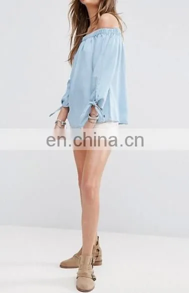 Sexy Off-Shoulder Light Blue Denim Tops With 3/4 Knot Tie Sleeves photo-3