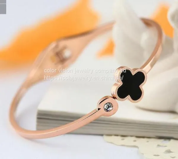 Clover Open Customized Engraved Cuff Bracelet Stainless Steel Bangle photo-3