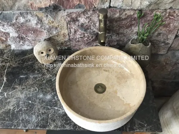 Classic Cream Marble Bathroom Wash Special Round Sink With Chissled Finished photo-2