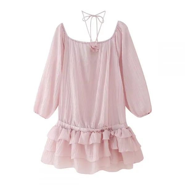 New Spring 2025 Women's Cross Border 3D Flower Folded Texture Ruffle Edge Dress From Europe and America photo-4