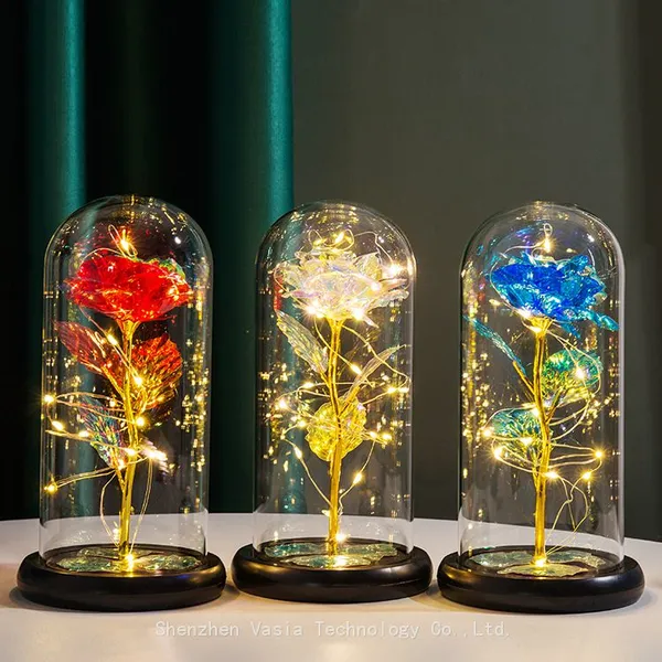 Gold Foil Rose in Glass Dome With LED Light and Three Holders for Wedding Decoration Wholesale
