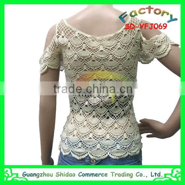 European Style Cotton Fashion Women Lace Crochet Shirts Fancy Lady Blouses and Tops photo-3